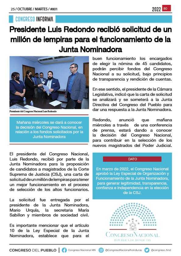 Presidente Luis Redondo recibió solicitud de un millón de lempiras para el funcionamiento de la Junta Nominadora